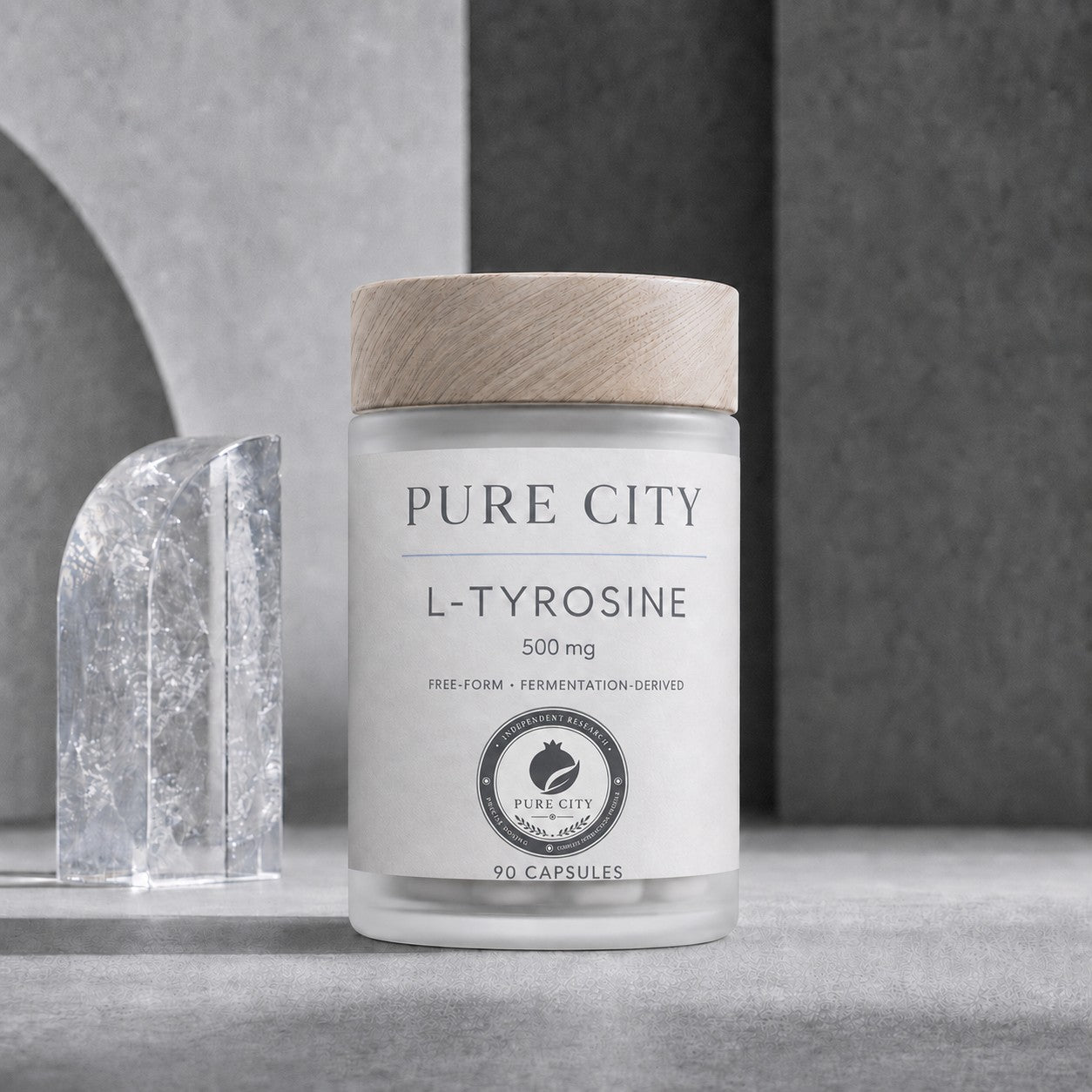 Pure City L-Tyrosine 500 mg — frosted glass jar with wooden cap, 90 free-form capsules