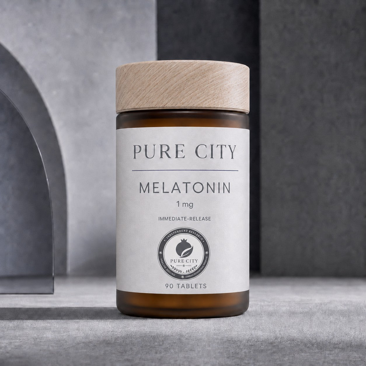 Pure City Melatonin 1 mg — amber glass jar with wooden cap, 90 immediate-release tablets