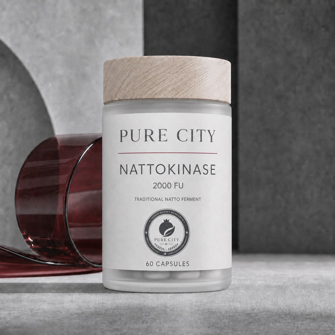 Pure City Nattokinase 2000 FU — frosted glass jar with wooden cap, 60 capsules