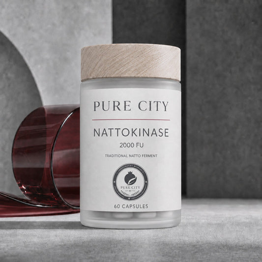 Pure City Nattokinase 2000 FU — frosted glass jar with wooden cap, 60 capsules