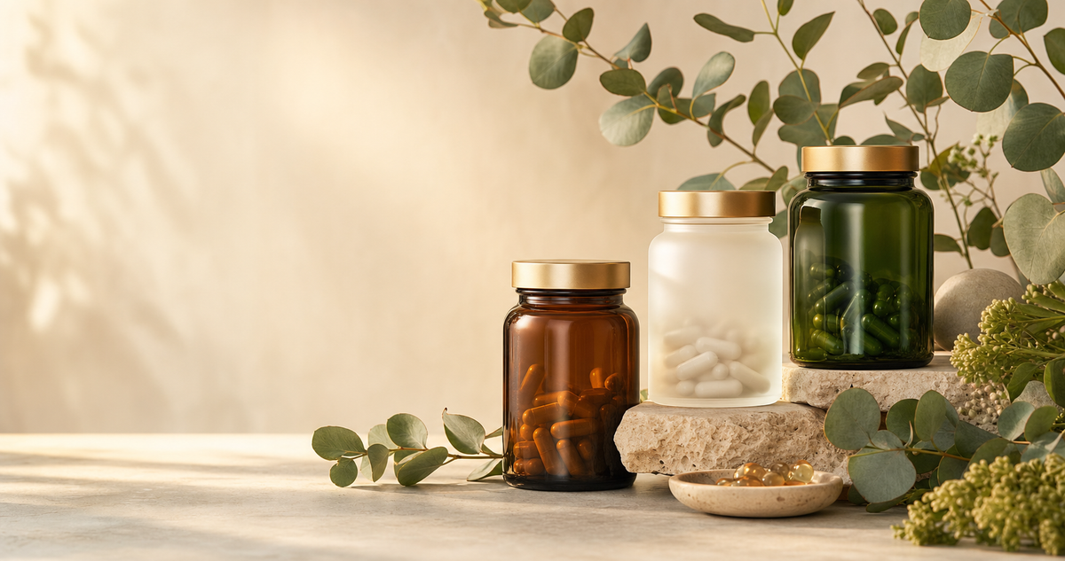 Pure City premium supplement jars among botanicals in dawn light