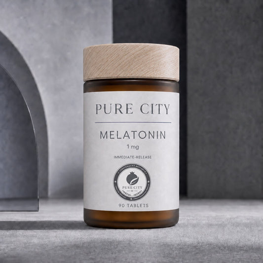 Pure City Melatonin 1 mg — amber glass jar with wooden cap, 90 immediate-release tablets