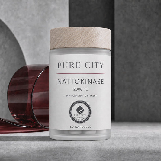 Pure City Nattokinase 2000 FU — frosted glass jar with wooden cap, 60 capsules